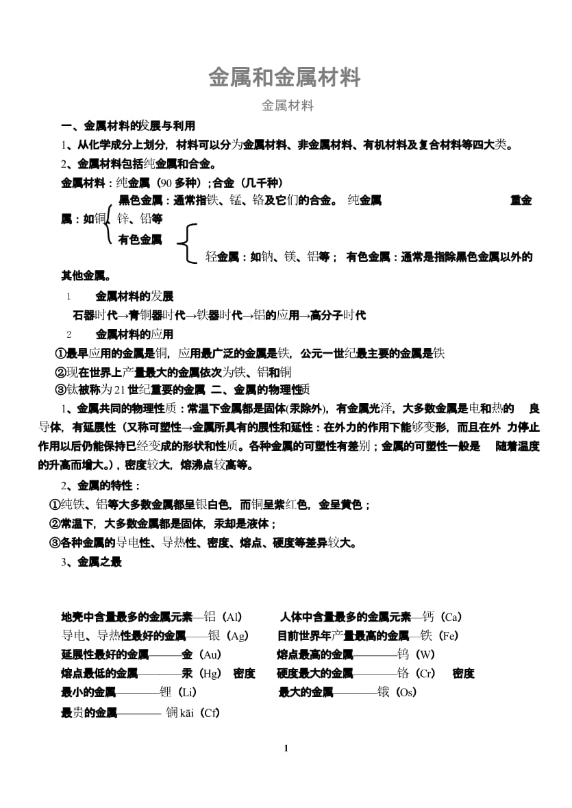 初中化学 金属与金属材料知识点精讲与实战练习